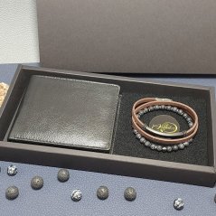 Stylový pánský set s peněženkou z pravé kůže a dvěma náramky s přírodními materiály (setPN-SLIMBLK6)