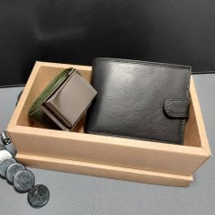 Pánský set s černou koženou peněženkou a elastickým zeleným páskem, ideální dárek-