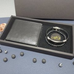Stylový pánský set s peněženkou z pravé kůže a dvěma náramky s přírodními materiály (setPN-SLIMBLK3)