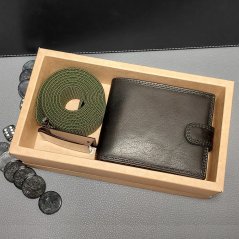 Pánský set s černou koženou peněženkou a elastickým zeleným páskem, ideální dárek-