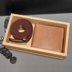 REAL Pánský set s hnědou koženou peněženkou na zip a hnědým páskem, ideální dárek