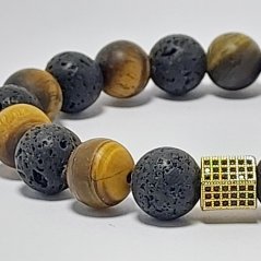 Pánský náramek z minerálů 10 mm - tygří oko matný, lávový kámen a mosaz s zirkóny (Micro Pave)Z10P6