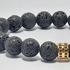 Pánský náramek z minerálů 10 mm - lávový kámen a mosaz s zirkóny (Micro Pave)Z10P3