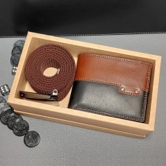 Pánský set s hnědočernou koženou peněženkou a elastickým hnědým páskem, ideální dárek