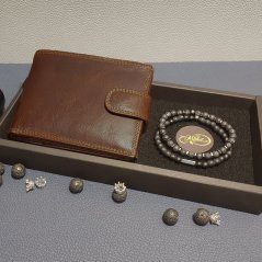 Stylový pánský set s peněženkou z pravé kůže a dvěma náramky s přírodními minerály (setPN-DANTE2)