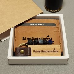 Kreativní set s dřevěnou klíčenku s minerálem a kožené pouzdro na karty - Šťastná hvězda