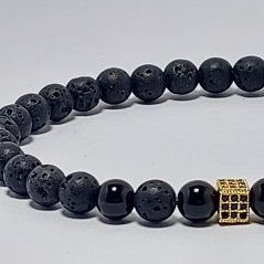 Pánský náramek z minerálů 6 mm - lávový kámen, černý onyx a mosaz s zirkóny (Micro Pave) Z6P4
