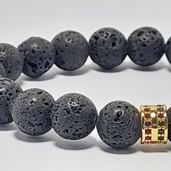Pánský náramek z minerálů 10 mm - lávový kámen a mosaz s zirkóny (Micro Pave)Z10P3