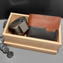 Pánský set s hnědočernou koženou peněženkou a elastickým černým páskem, ideální dárek