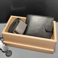 Pánský set s černou koženou peněženkou a elastickým černým páskem, ideální dárek