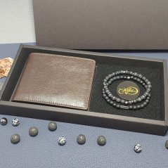 Stylový pánský set s peněženkou z pravé kůže a dvěma náramky s přírodními minerály (setPN-SLIMBRN2)