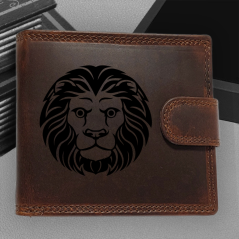 Personalizovaná kožená peněženka s tvým jménem nebo monogramem a motivem znamení zvěrokruhu | Lev-(23. 7. – 22. 8.)