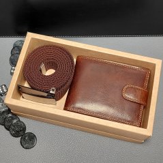 Pánský set s hnědou koženou peněženkou a hnědým páskem, ideální dárek
