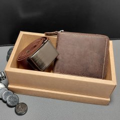 Pánský set s tmavě hnědou koženou peněženkou na zip a hnědým páskem, ideální dárek